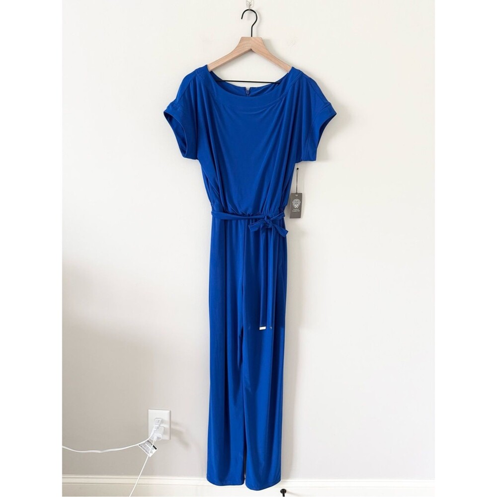 NWT Vince Camuto Royal Blue Short Sleeve Wide Leg Jumpsuit with Waist Tie Size 4